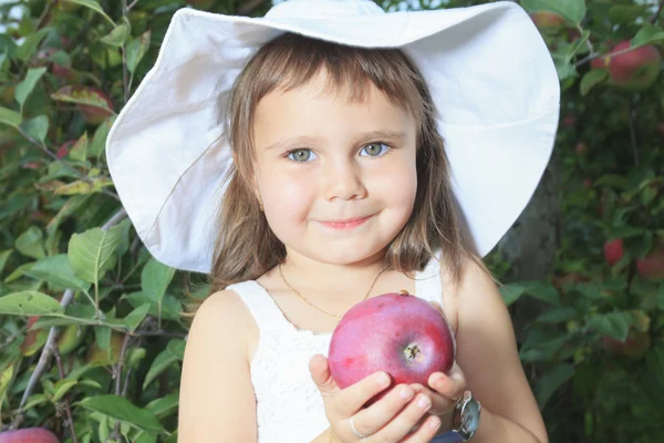 Cute little preschooler girl eating an apple on beautiful autumn day — Stock Photo, Image