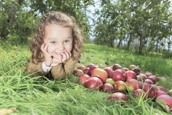 Schattig klein meisje van de peuter eten een appel op mooie herfst — Stockfoto