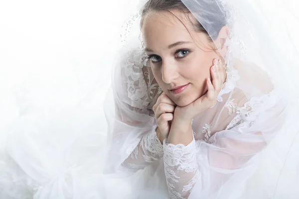 A old bride in a studio white background — Stock Photo, Image