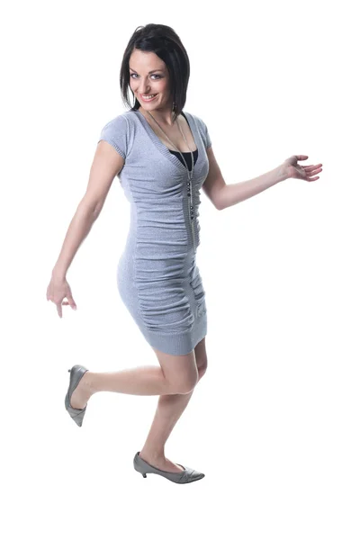 A woman pointing shoes in studio white background — Stock Photo, Image