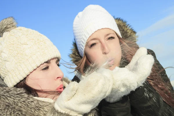 Two happy young girls having fun in winter park — Stock Photo, Image