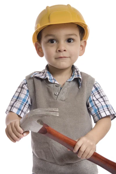 Enfant comme ouvrier de la construction isolé sur fond blanc — Photo