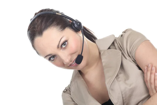 Customer support operatör nära upp porträtt. Call center smilin — Stockfoto