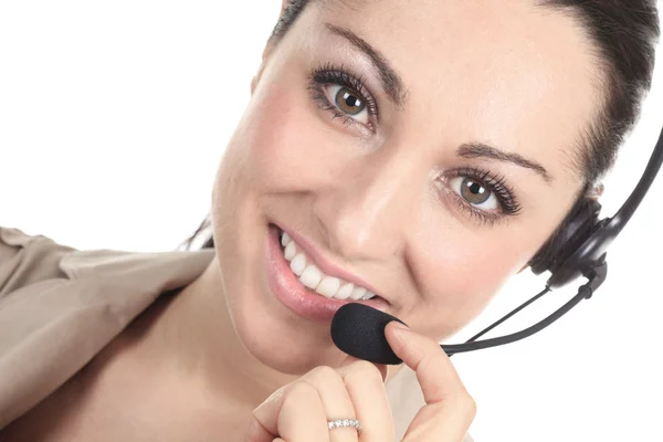 Customer support operatör nära upp porträtt. Call center smilin — Stockfoto