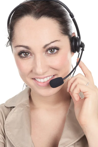 Customer support operatör nära upp porträtt. Call center smilin — Stockfoto