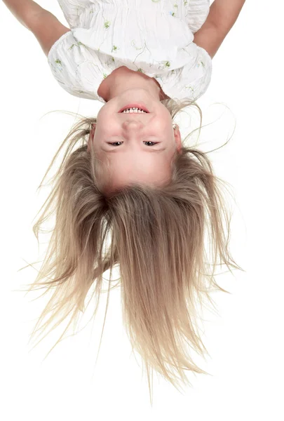 Studio Portrait Of Young Girl upside down — Stock Photo, Image