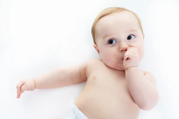 Um menino doce no estúdio fundo branco — Fotografia de Stock