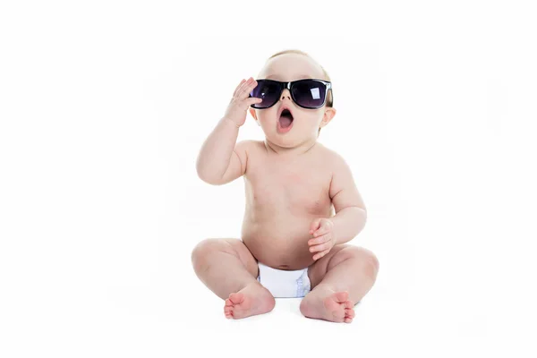 Portrait of cute toddler wearing sunglasses. Isolated on white. — Stock Photo, Image
