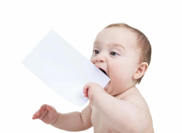 Adorable baby with blank advertising banner — Stock Photo, Image