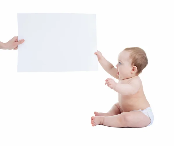 Adorable baby with blank advertising banner — Stock Photo, Image