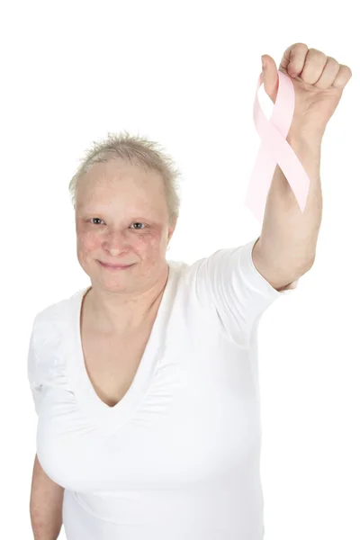 A woman holding a breast cancer logo — Stock Photo, Image