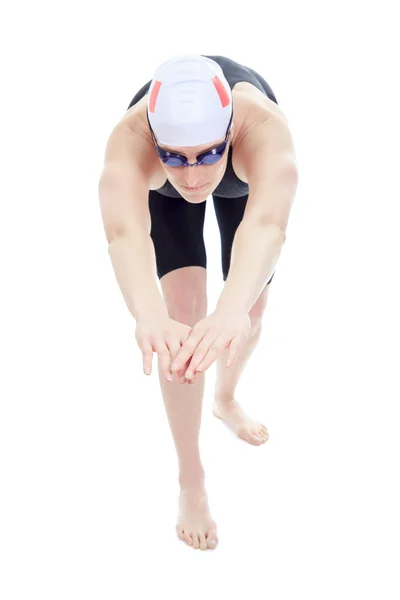 A woman swimmer in studio white background — Stock Photo, Image