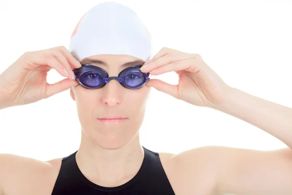 A woman swimmer in studio white background — Stock Photo, Image