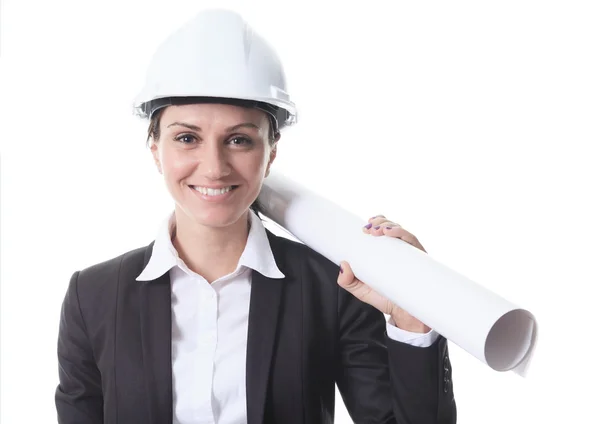 Attractive architect holding blueprints and wearing helmet. All — Stock Photo, Image