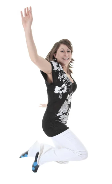 Full length studio photo of attractive woman jumping in air with — Stock Photo, Image