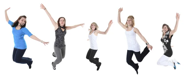 Full length studio photo of attractive woman jumping in air with — Stock Photo, Image