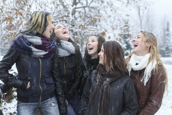 Un grupo de jóvenes amigas emocionadas al aire libre en invierno —  Fotos de Stock