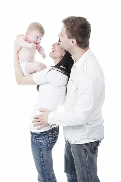 Familia feliz, padre, madre e hijo delante de un bac blanco —  Fotos de Stock