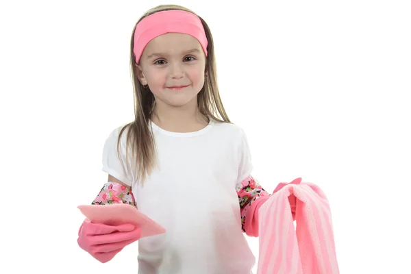 A little girl dishes over a white background — Stock Photo, Image