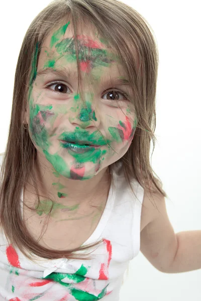 Meisje met handen in verf op wit — Stockfoto