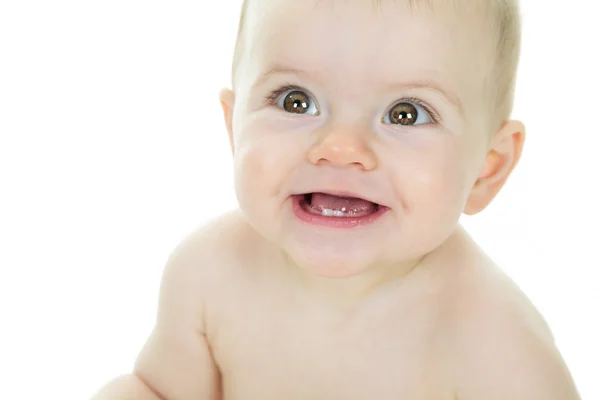 Dulce niño sentado en el estudio fondo blanco —  Fotos de Stock