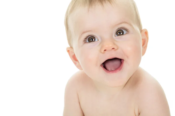 Sweet little boy sitting on studio white background — Stock Photo, Image