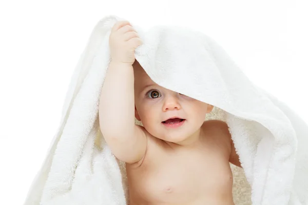 Sweet little boy sitting on studio white background — Stock Photo, Image