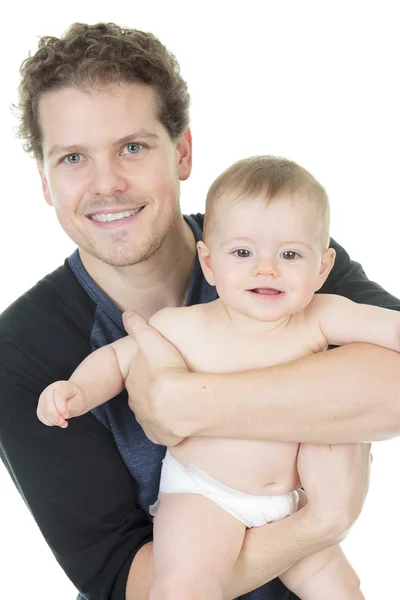 Happy father holding baby boy in his hands isolated on white — Stock Photo, Image