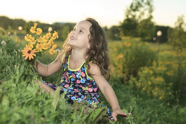 Una bambina al tramonto con fiore — Foto Stock