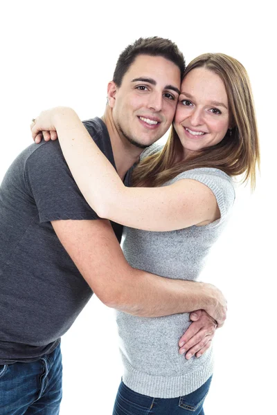 Um casal bonito no estúdio fundo branco — Fotografia de Stock