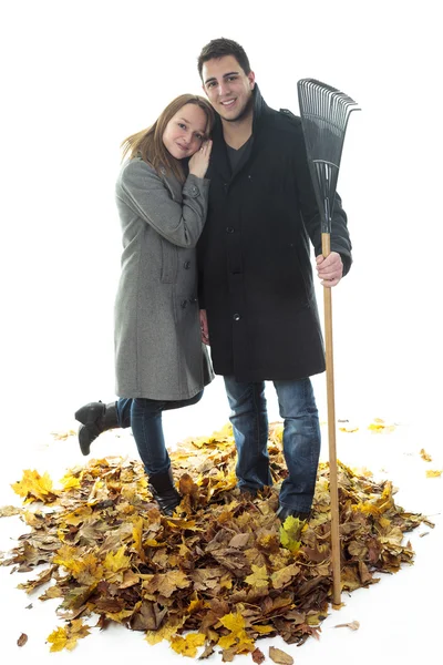 A happy autumn family with lead on studio white background — Stock Photo, Image