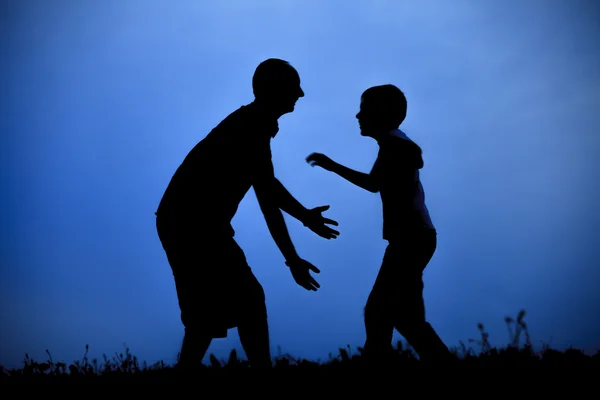 Gün batımı çayır üzerinde oynarken oğlu ile baba — Stok fotoğraf
