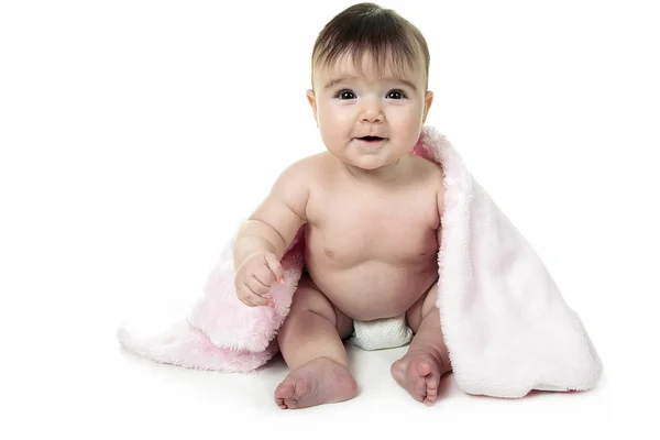 Bebê feliz menina 4 meses de idade sobre branco — Fotografia de Stock