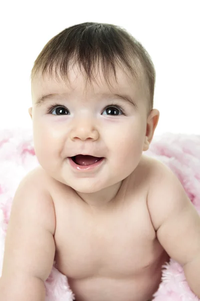 Bebê feliz menina 4 meses de idade sobre branco — Fotografia de Stock