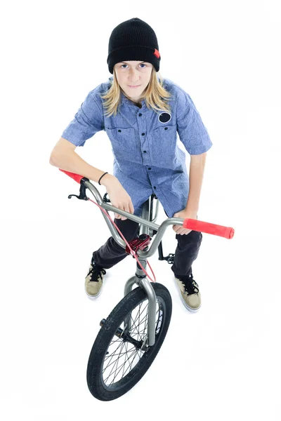 Bicycle Boy on BMX bike isolated on white — Stock Photo, Image
