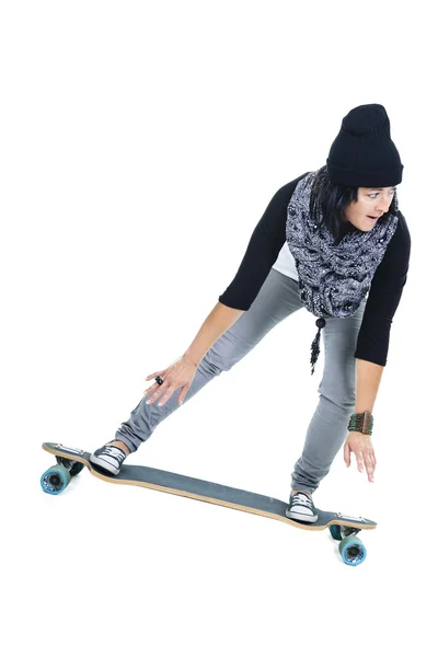 Mulher segurando longboard isolado em um fundo branco. Visão traseira — Fotografia de Stock