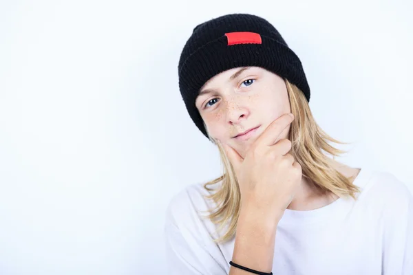 Close up portrait of young teenager in white, isolated on white — Stock Photo, Image