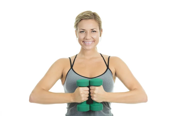 Mujer en forma estirando su pierna para calentar - aislado sobre fondo blanco — Foto de Stock