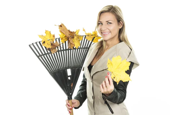 Осенняя женщина в студии с осенним листом — стоковое фото