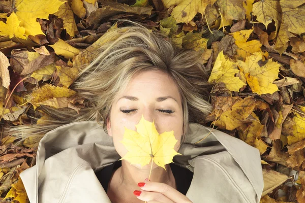 Jesień kobieta w studio z jesień liść — Zdjęcie stockowe