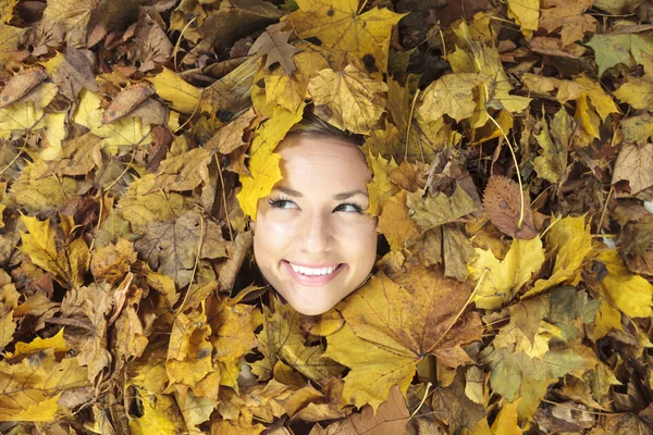 Jesień kobieta w studio z jesień liść — Zdjęcie stockowe