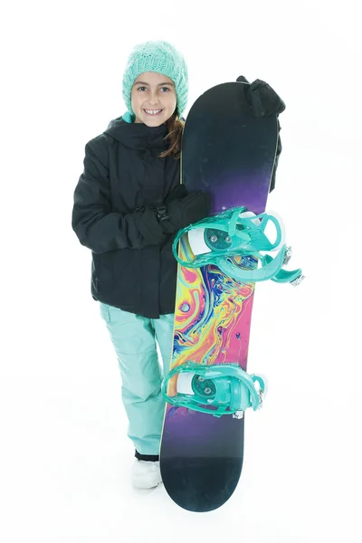 Chica feliz con snowboard y gesto de saludo, aislado en blanco —  Fotos de Stock