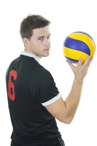 Jovem jogador de voleibol no fundo branco — Fotografia de Stock