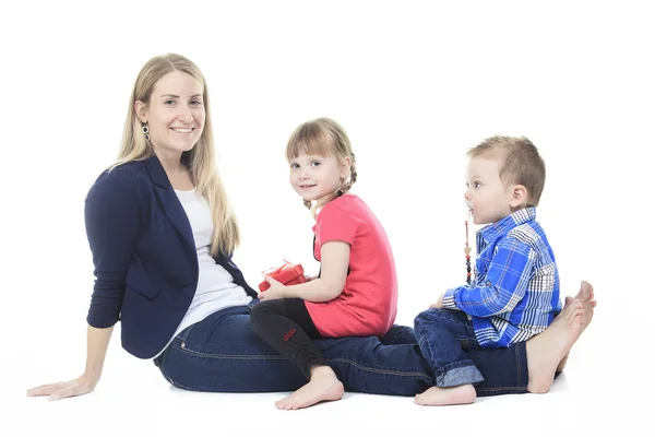 Cute blond, mother with his two child — Stock Photo, Image
