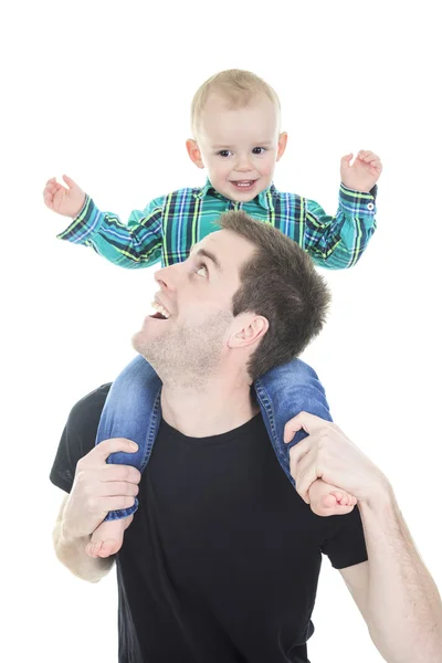 Son on the shoulders his father isolated Stock Picture