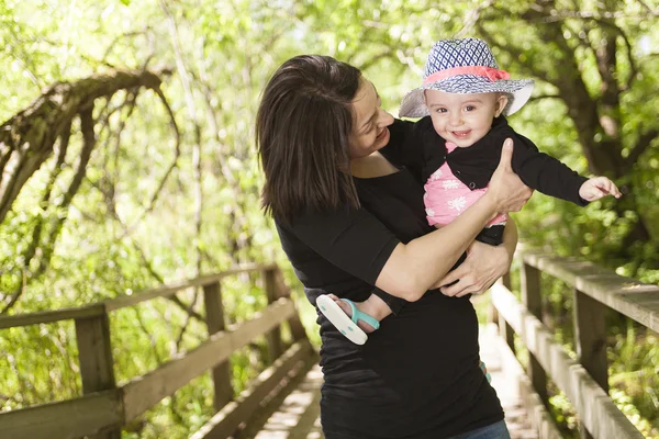 Mother and daughter in forest — Stock Photo, Image