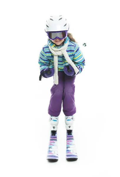 Ski child studio white background — Stock fotografie