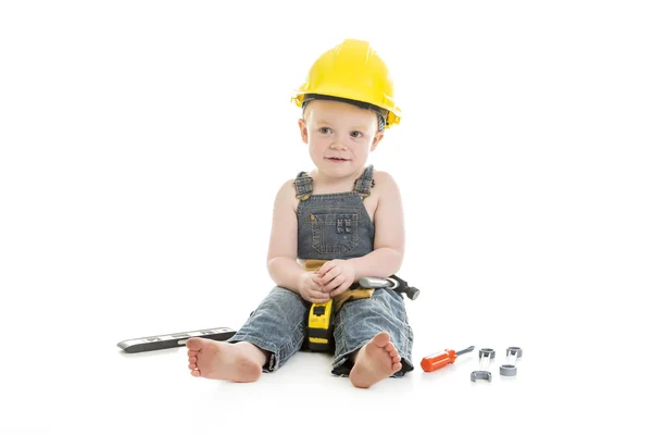 Carpenter baby boy portrait over a isolated white background — Stock Photo, Image