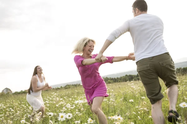 Happy friends spending free time together in a field — Stock Photo, Image