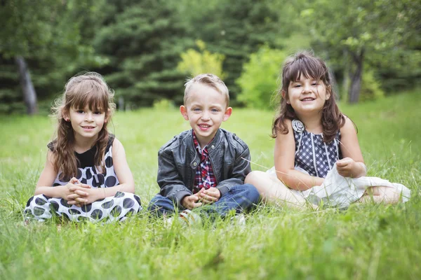 Childrens having fun time in green meadow — Stock Photo, Image